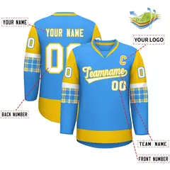 Powder Blue Gold-White Raglan Sleeves V-Neck Hockey Jersey 2
