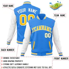 Powder Blue Gold-White Raglan Varsity Full-Snap Letterman Jacket 4