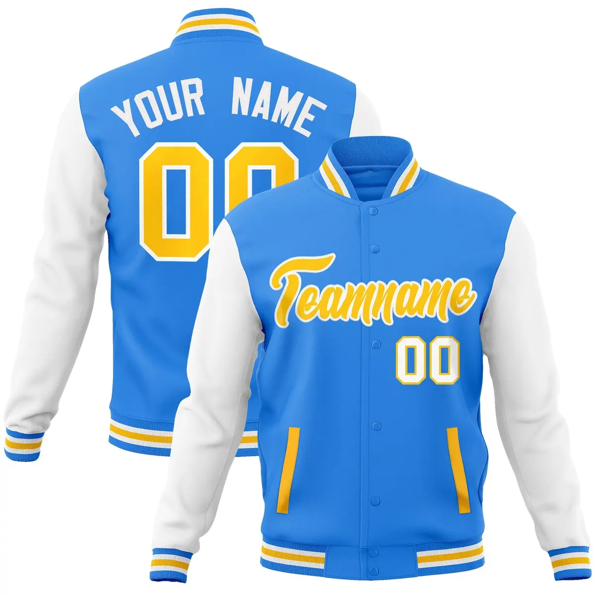 Powder Blue Gold-White Raglan Varsity Full-Snap Letterman Jacket
