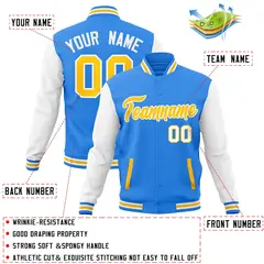 Powder Blue Gold-White Raglan Varsity Full-Snap Letterman Jacket 4