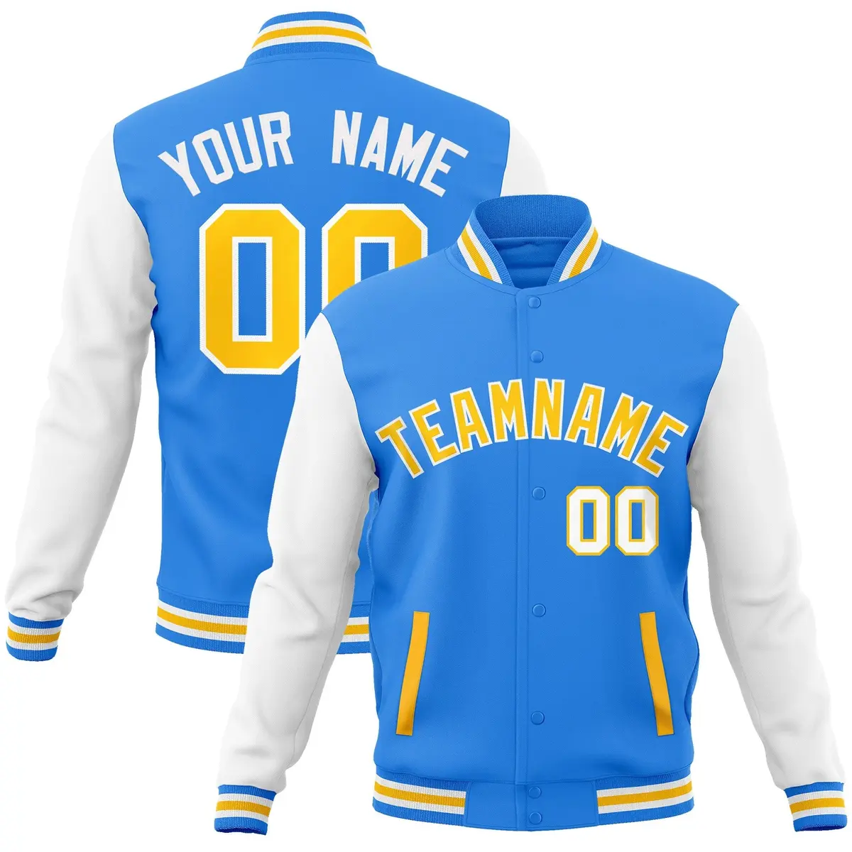 Powder Blue Gold-White Raglan Varsity Full-Snap Letterman Jacket