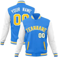 Powder Blue Gold-White Raglan Varsity Full-Snap Letterman Jacket 1