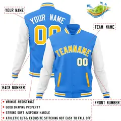Powder Blue Gold-White Raglan Varsity Full-Snap Letterman Jacket 4