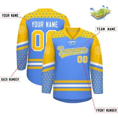 Powder Blue Gold White Star Series Lace-Up Neck Hockey Jersey 2