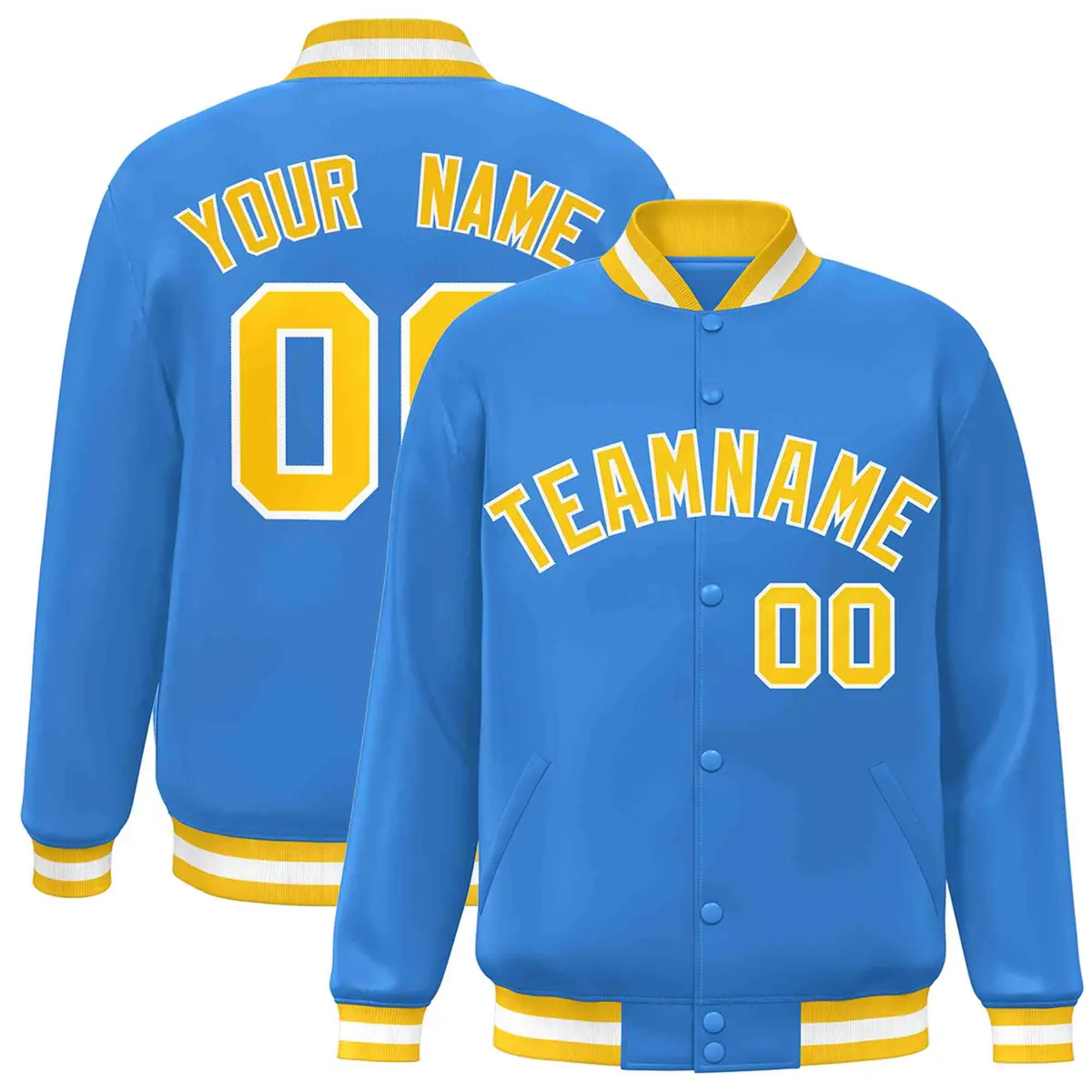 Powder Blue Gold-White Varsity Full-Snap Letterman Jacket