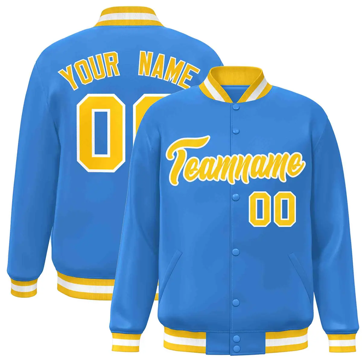 Powder Blue Gold-White Varsity Full-Snap Letterman Jacket