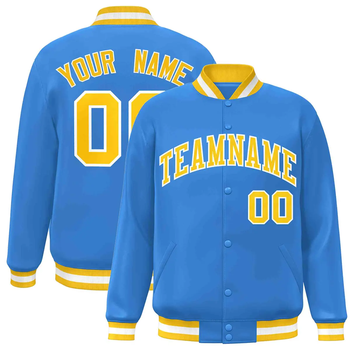 Powder Blue Gold-White Varsity Full-Snap Letterman Jacket
