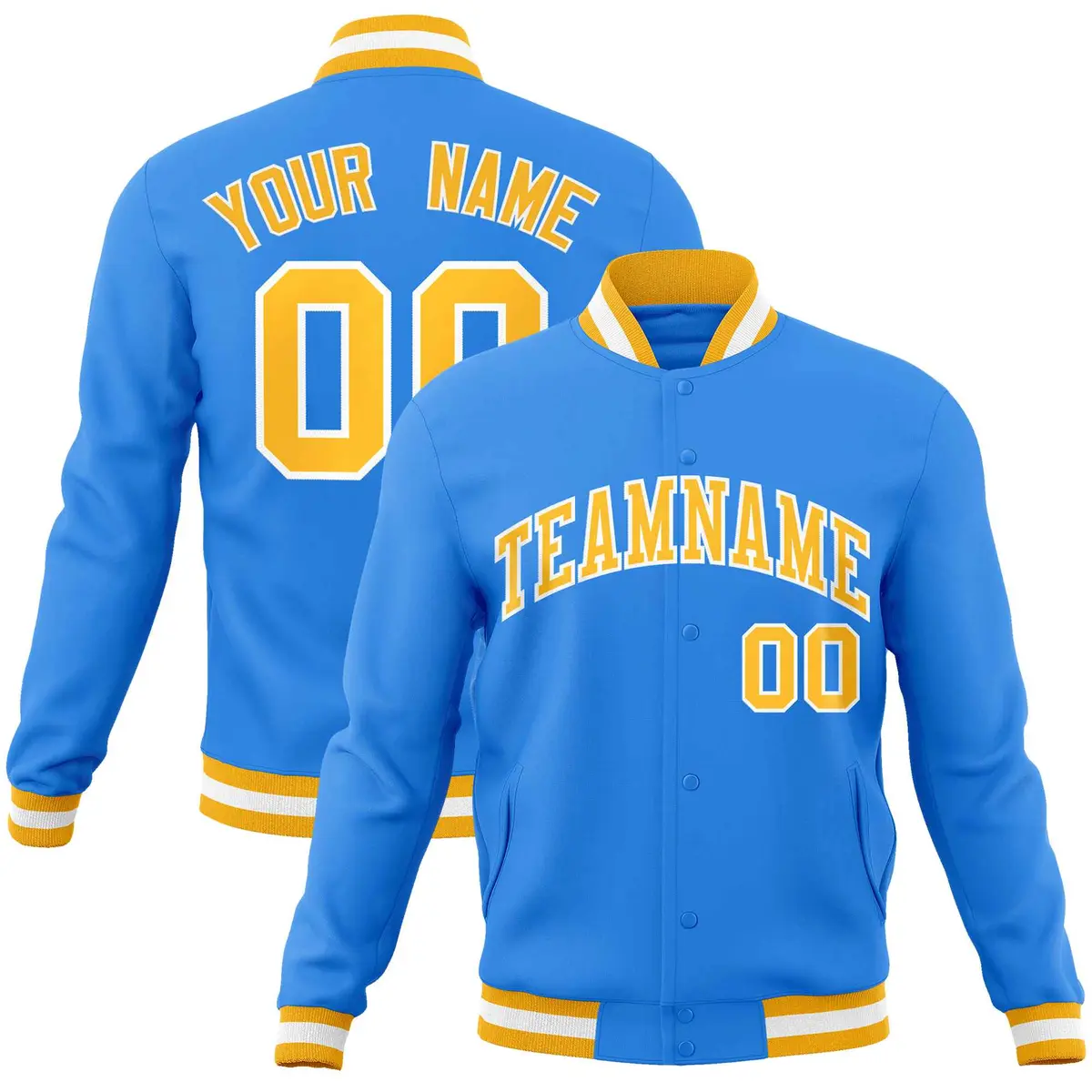 Powder Blue Gold-White Varsity Full-Snap Letterman Jacket