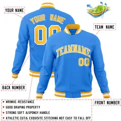 Powder Blue Gold-White Varsity Full-Snap Letterman Jacket 4