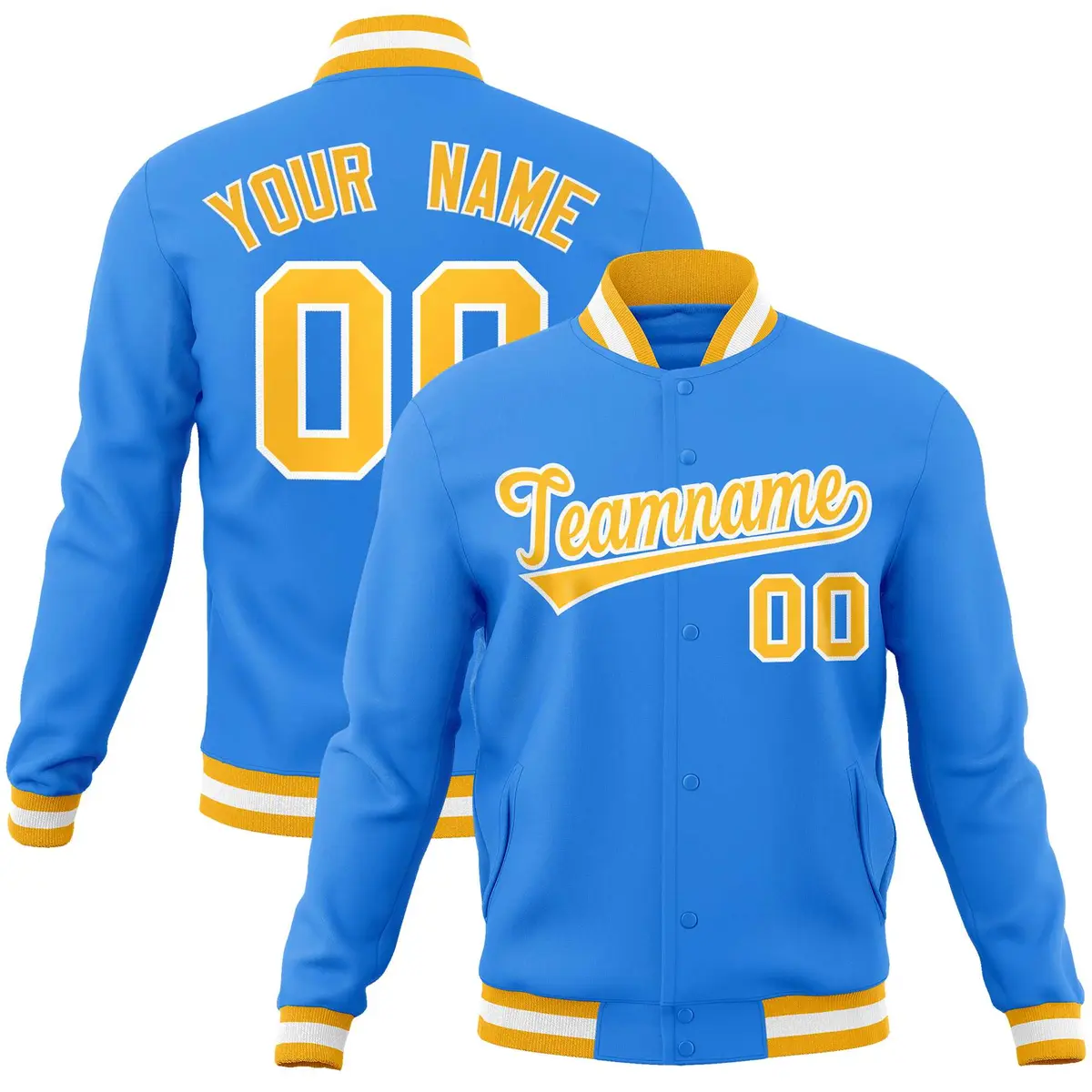Powder Blue Gold-White Varsity Full-Snap Letterman Jacket