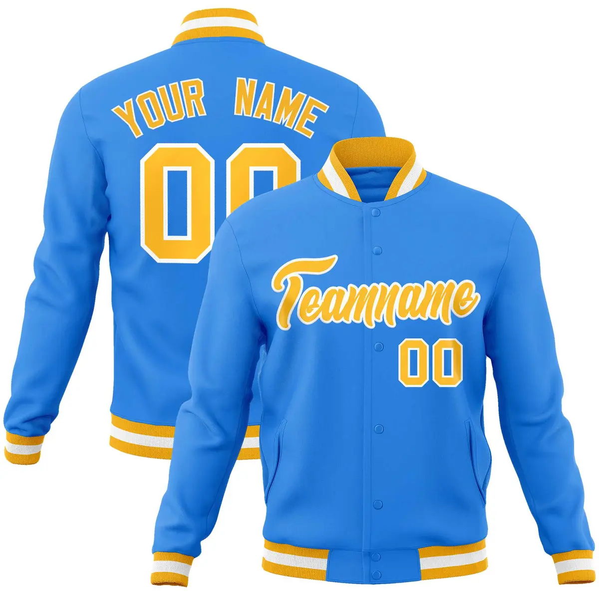 Powder Blue Gold-White Varsity Full-Snap Letterman Jacket