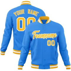 Powder Blue Gold-White Varsity Full-Snap Letterman Jacket 1