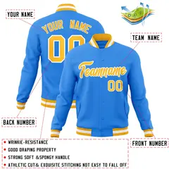 Powder Blue Gold-White Varsity Full-Snap Letterman Jacket 4