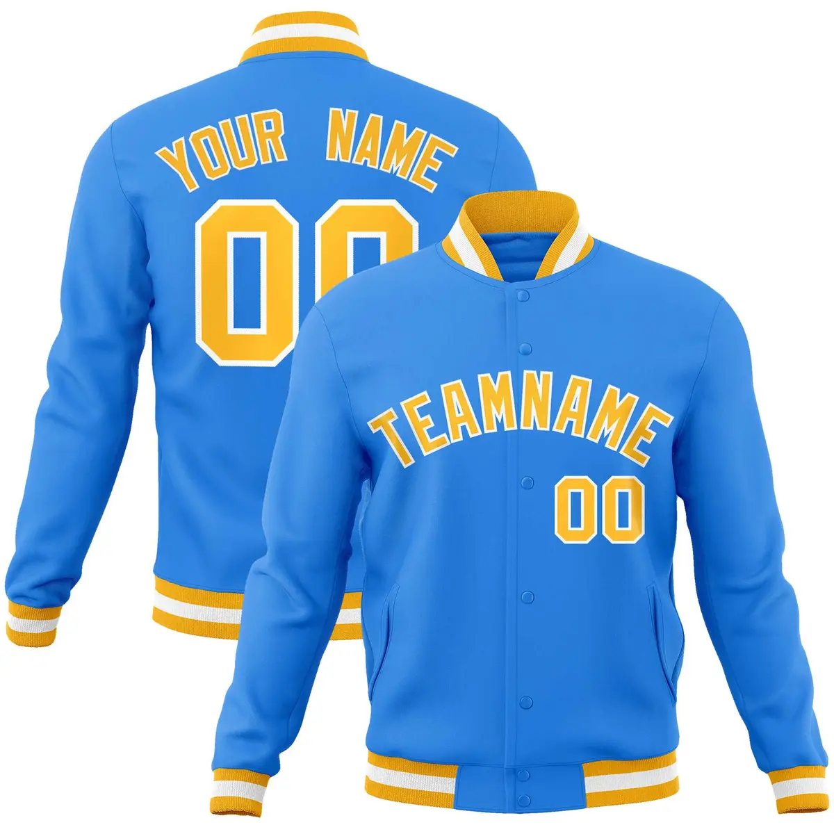 Powder Blue Gold-White Varsity Full-Snap Letterman Jacket