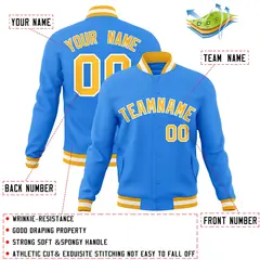 Powder Blue Gold-White Varsity Full-Snap Letterman Jacket 4