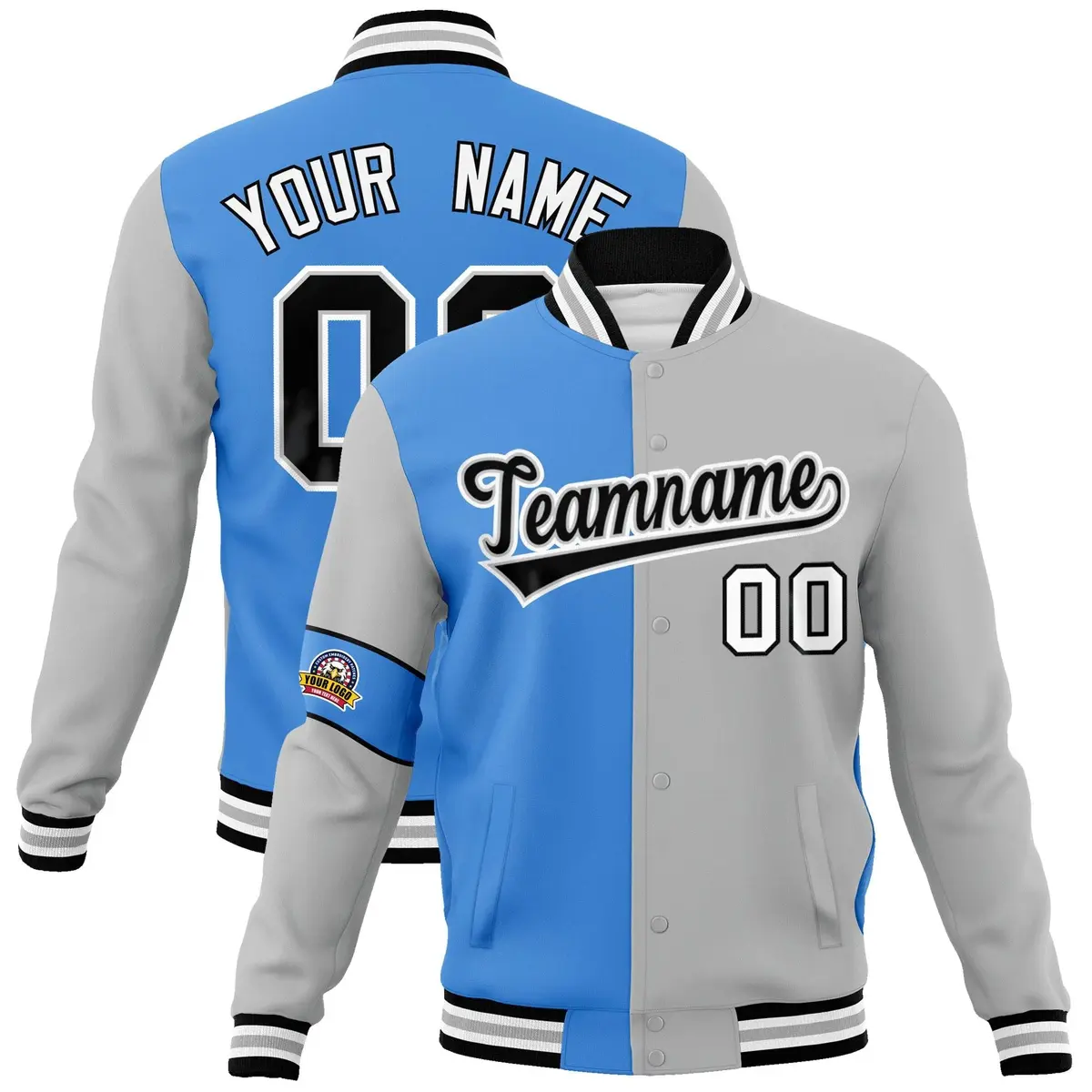 Powder Blue Gray-Black Two Tone Full-Snap Letterman Varsity Jacket