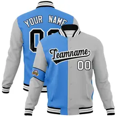 Powder Blue Gray-Black Two Tone Full-Snap Letterman Varsity Jacket