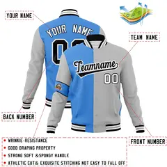 Powder Blue Gray-Black Two Tone Full-Snap Letterman Varsity Jacket 4