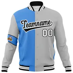 Powder Blue Gray-Black Two Tone Full-Snap Letterman Varsity Jacket 5