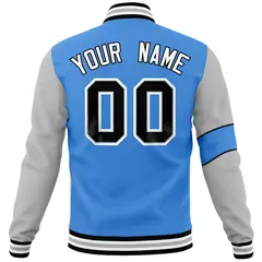 Powder Blue Gray-Black Two Tone Full-Snap Letterman Varsity Jacket 6