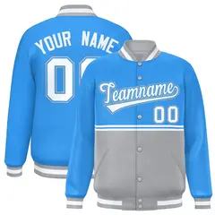 Powder Blue Gray Full-Snap Color Block Varsity Letterman Jacket