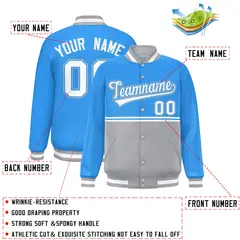 Powder Blue Gray Full-Snap Color Block Varsity Letterman Jacket 2
