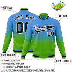 Powder Blue Green Gradient Full-Snap Varsity Letterman Jacket 2