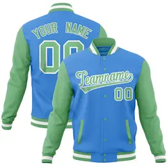 Powder Blue Green Raglan Sleeves Full-Snap Letterman Jacket 1