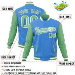 Powder Blue Green Raglan Sleeves Full-Snap Letterman Jacket 4