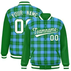 Powder Blue Green-White Plaid Varsity Letterman Baseball Jacket