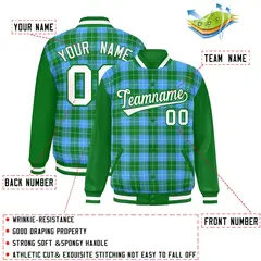 Powder Blue Green-White Plaid Varsity Letterman Baseball Jacket 2