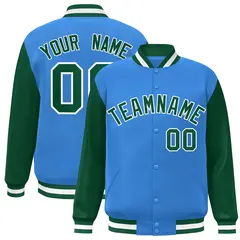 Powder Blue Green-White Raglan Varsity Full-Snap Letterman Jacket 1