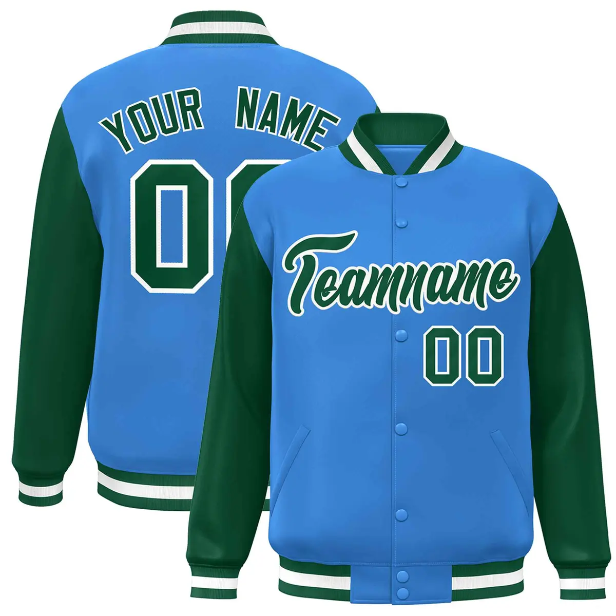 Powder Blue Green-White Raglan Varsity Full-Snap Letterman Jacket