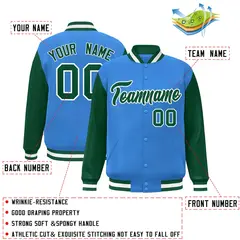 Powder Blue Green-White Raglan Varsity Full-Snap Letterman Jacket 2
