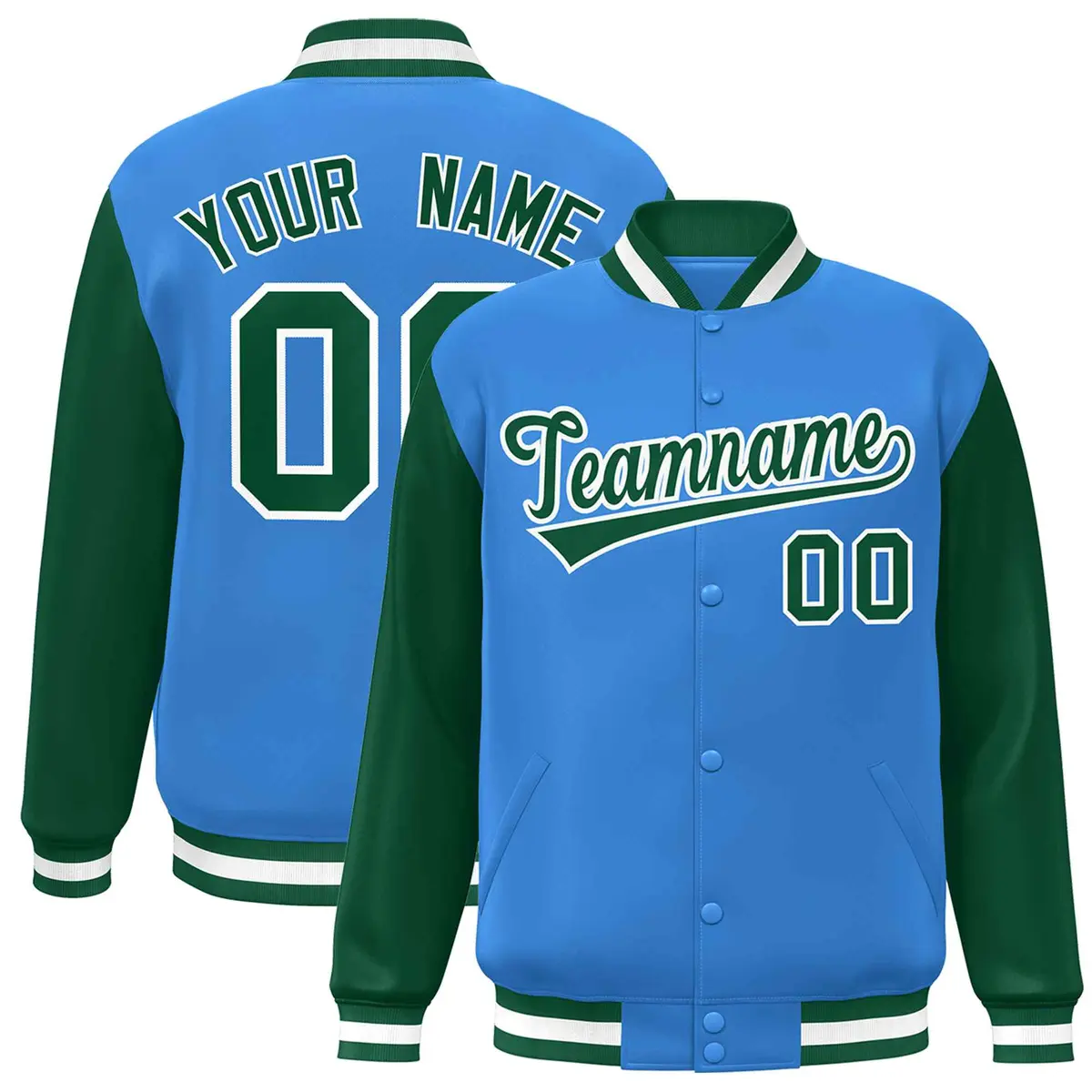 Powder Blue Green-White Raglan Varsity Full-Snap Letterman Jacket