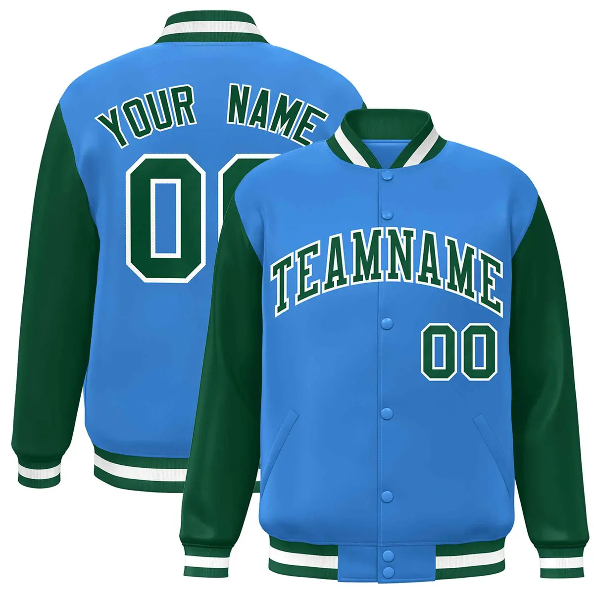Powder Blue Green-White Raglan Varsity Full-Snap Letterman Jacket