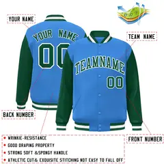 Powder Blue Green-White Raglan Varsity Full-Snap Letterman Jacket 2