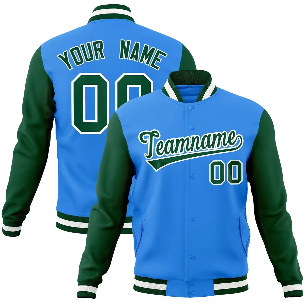 Powder Blue Green-White Raglan Varsity Full-Snap Letterman Jacket