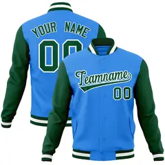 Powder Blue Green-White Raglan Varsity Full-Snap Letterman Jacket
