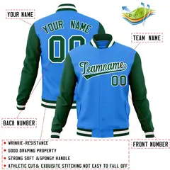 Powder Blue Green-White Raglan Varsity Full-Snap Letterman Jacket 4