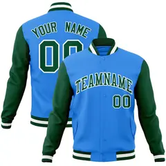 Powder Blue Green-White Raglan Varsity Full-Snap Letterman Jacket 1