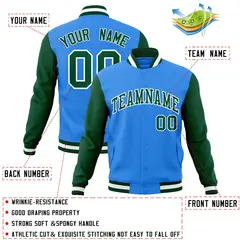 Powder Blue Green-White Raglan Varsity Full-Snap Letterman Jacket 4