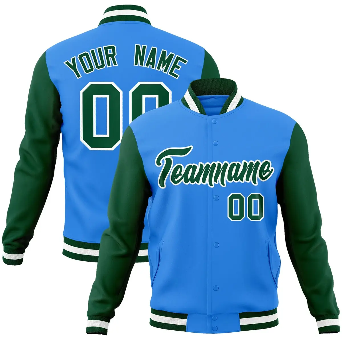 Powder Blue Green-White Raglan Varsity Full-Snap Letterman Jacket