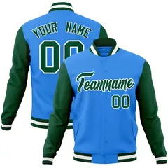 Powder Blue Green-White Raglan Varsity Full-Snap Letterman Jacket