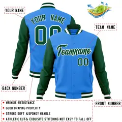 Powder Blue Green-White Raglan Varsity Full-Snap Letterman Jacket 4