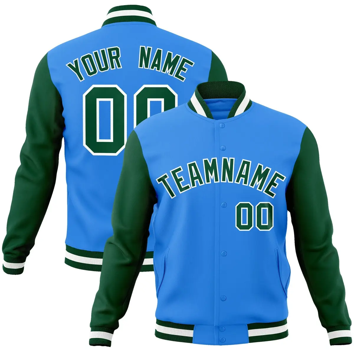 Powder Blue Green-White Raglan Varsity Full-Snap Letterman Jacket