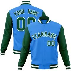 Powder Blue Green-White Raglan Varsity Full-Snap Letterman Jacket