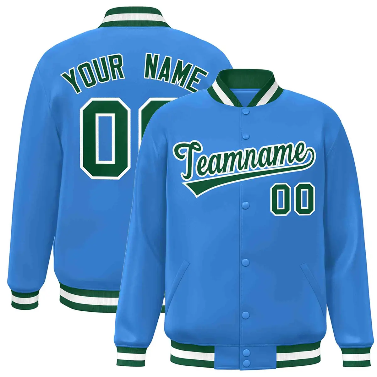 Powder Blue Green-White Varsity Full-Snap Letterman Jacket