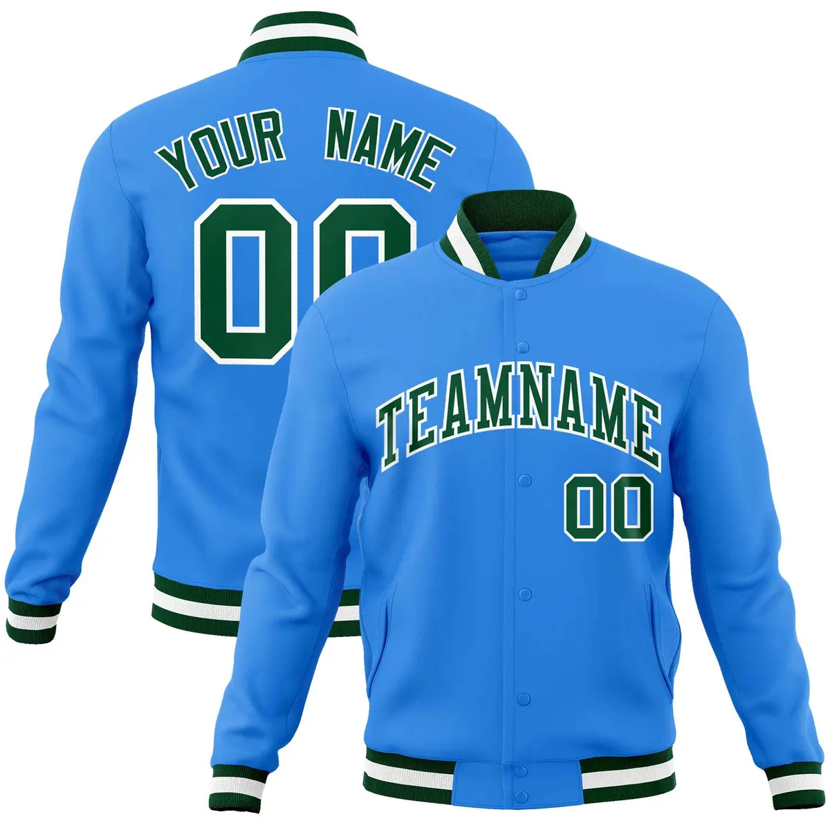 Powder Blue Green-White Varsity Full-Snap Letterman Jacket