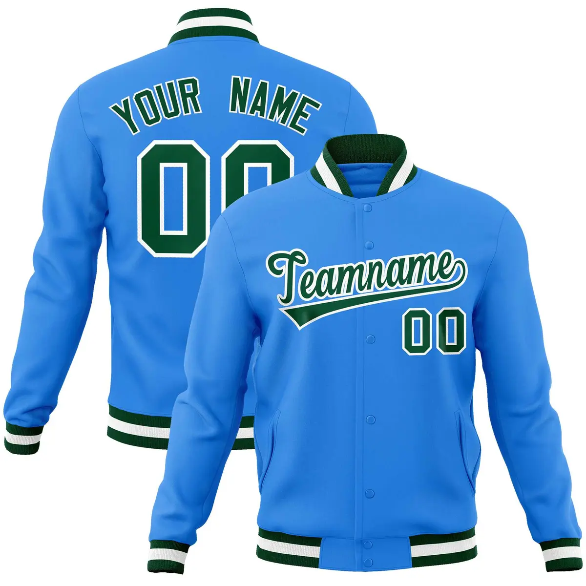 Powder Blue Green-White Varsity Full-Snap Letterman Jacket